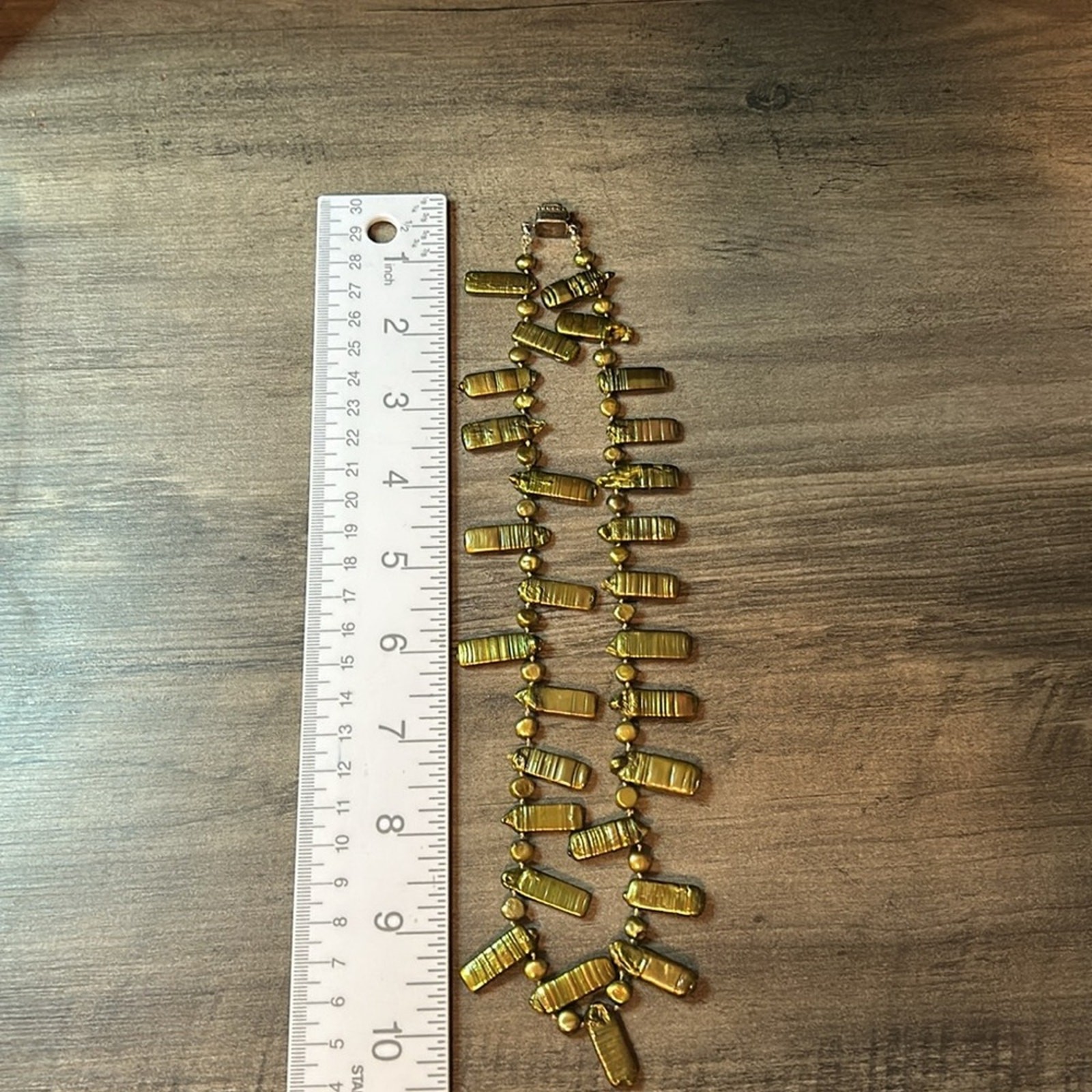 Vintage Green Stick Pearl Statement Necklace #924 hand knotted yellow-green
