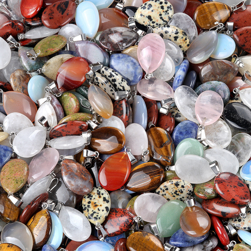 50pcs Mixed Natural Stone Water Drop Gemstone Beads Pendants DIY Jewelry Making