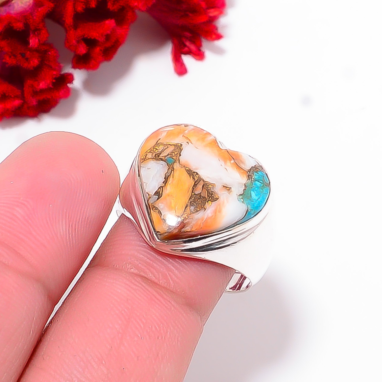 Heart – Copper Spiny Oyster Arizona Turquoise 925 Sterling Silver Ring S.9.5 R12