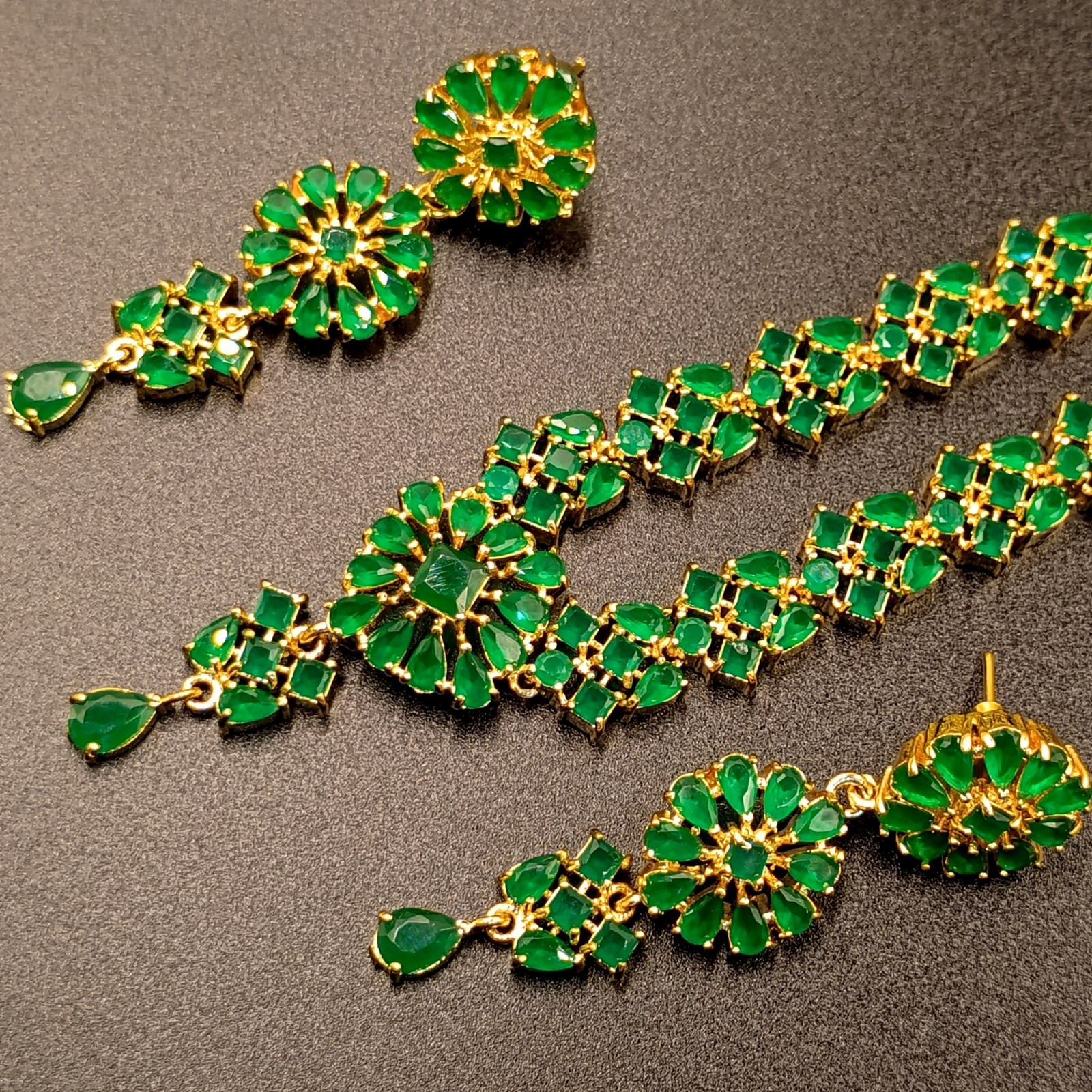 Vintage Emerald Necklace Set 22K Gold Plated Bridal Wedding Anniversary Jewelry
