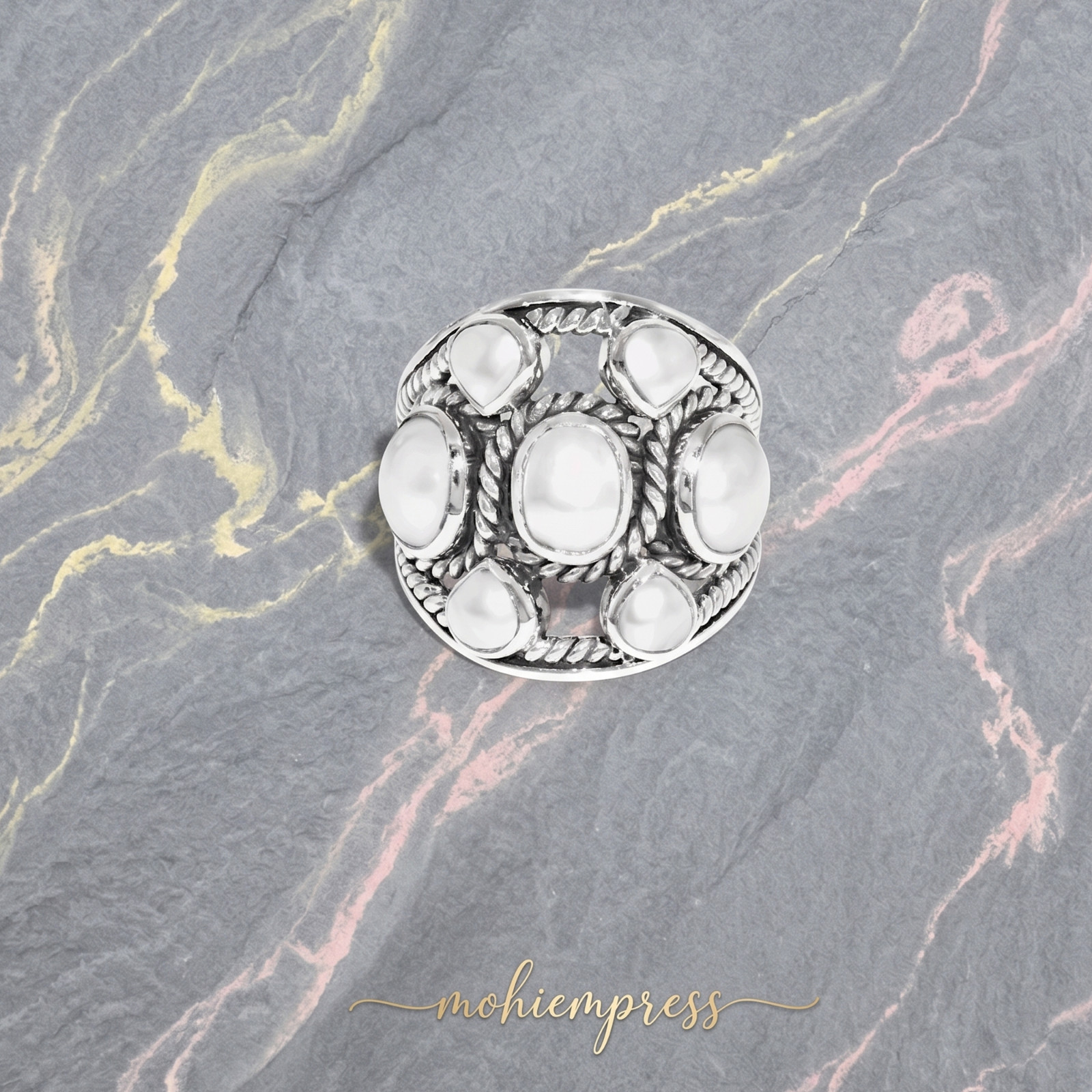 925 Sterling Silver Vintage Inspired Multi-Pearl Statement Ring, June Birthstone