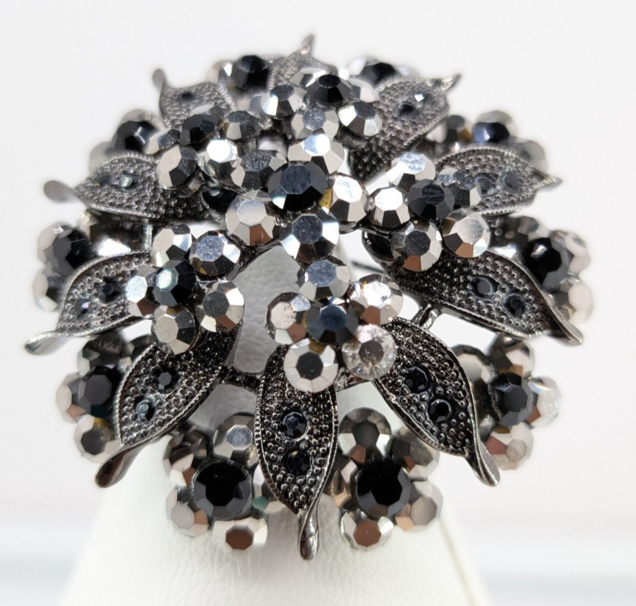 Vintage Gunmetal Rhinestone Flower Brooch Pin Hematite Crystal Dome 2in 30g