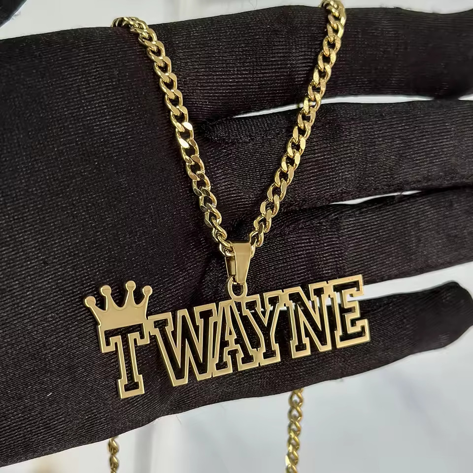 Custom Hollow Name Necklace Crown Pendant Jewelry Stainless Steel Cuban Chain
