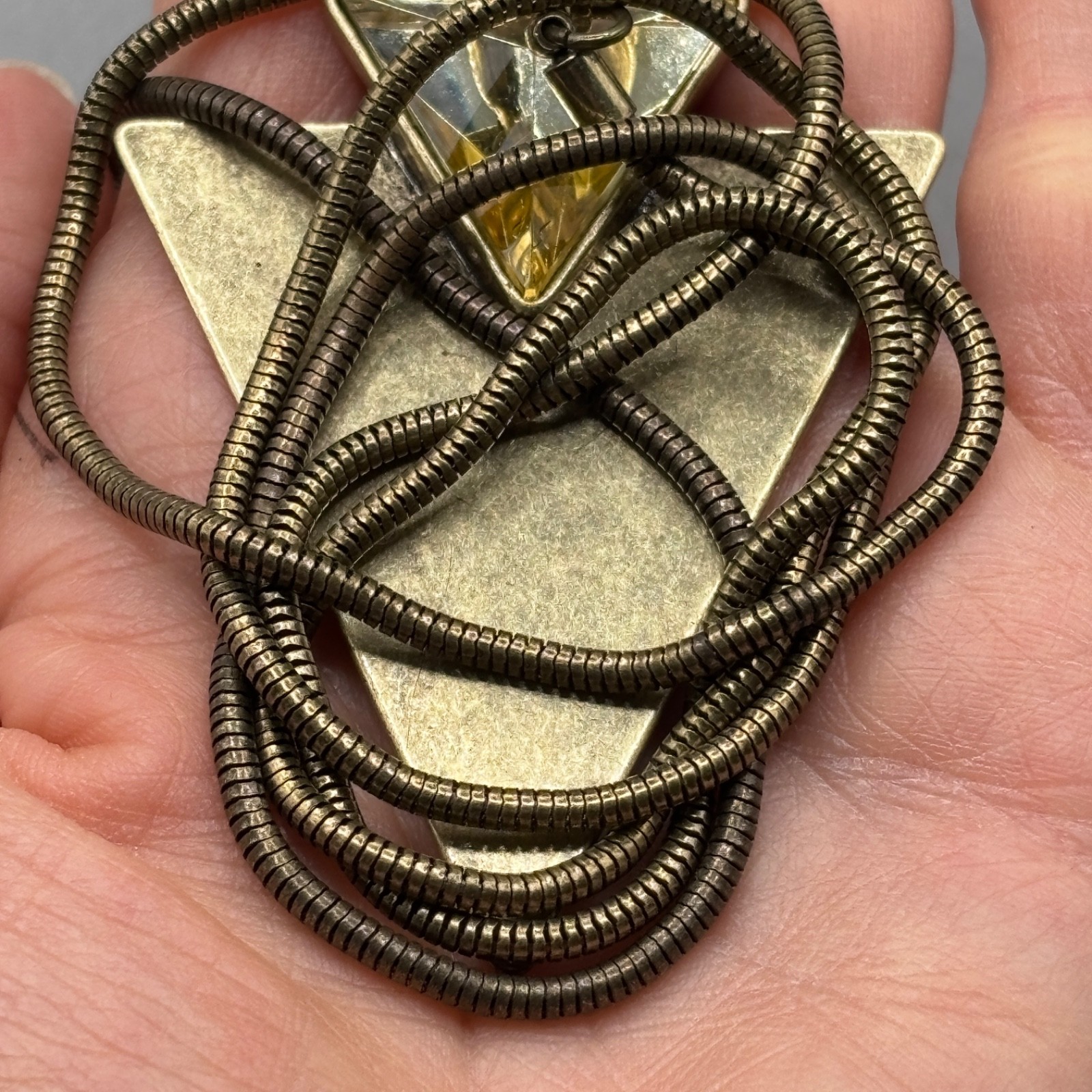 Jenny Bird Triangle Necklace Distressed Look Pendant Rhinestone WEAR TO CHAIN