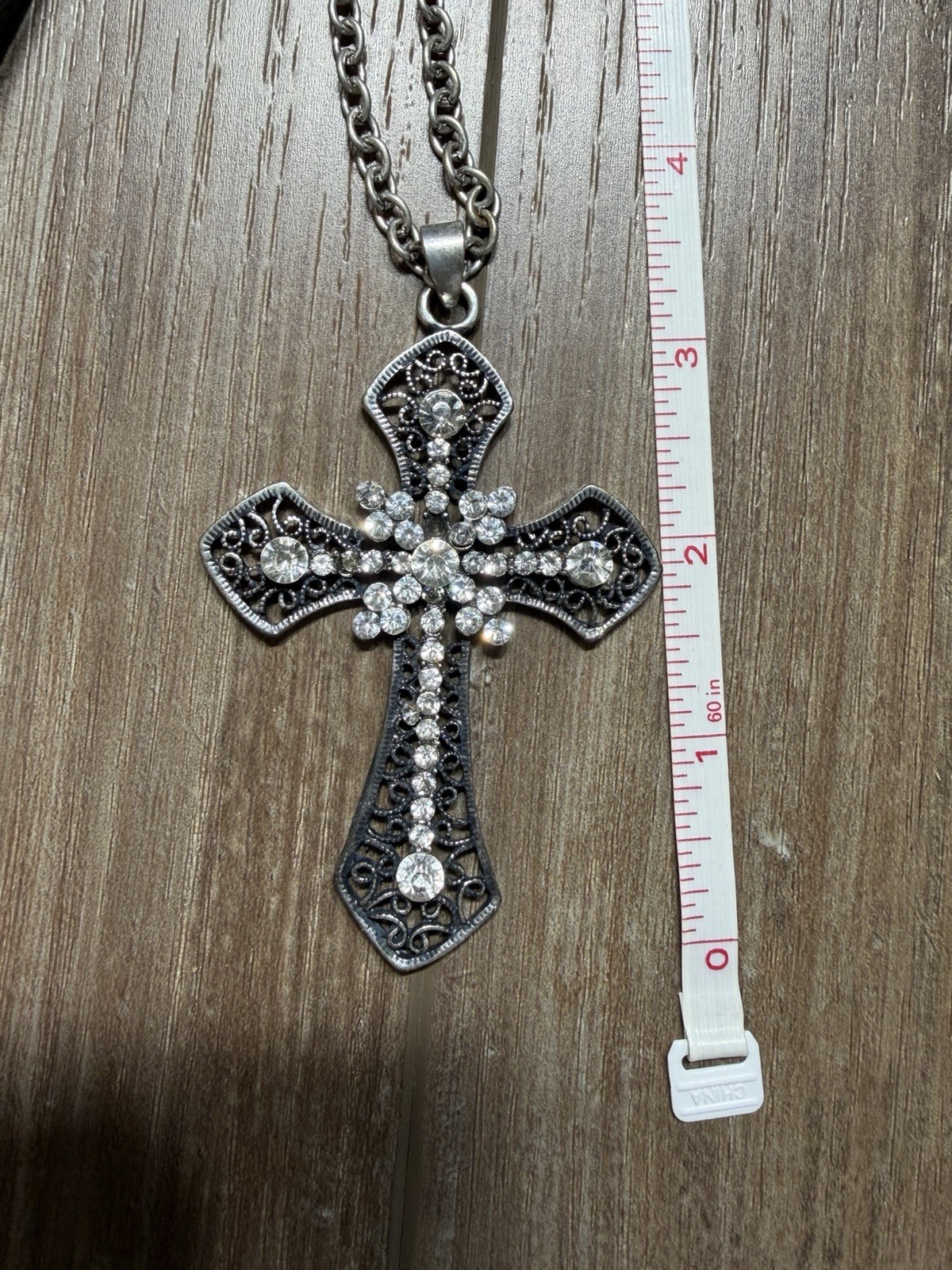 Vintage Silver Tone Filigree Rhinestone Cross Pendant Necklace Long Chain ~34in