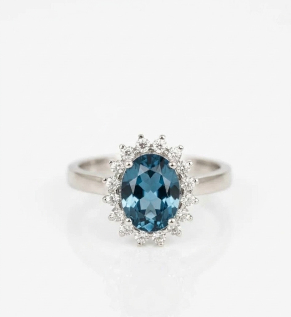Oval London Blue Topaz Sunburst Halo Ring, Sterling Silver Engagement Ring