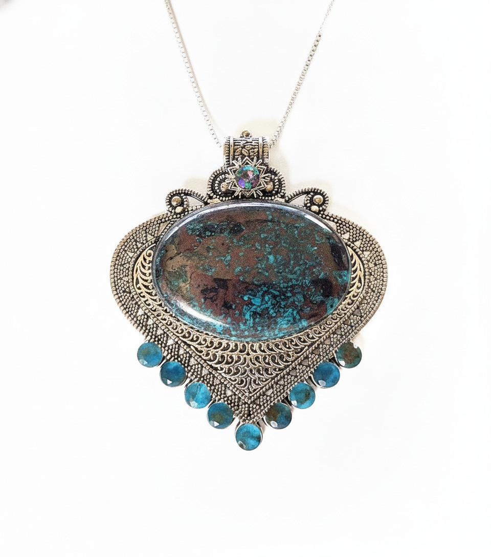 High Quality Shattuckite Chalcocite on SP Setting with Tourmaline 2