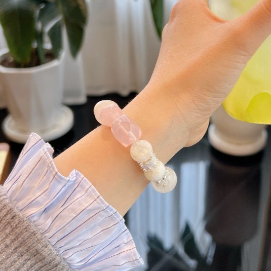 10-12mm Natural Snowflake Phantom Quartz with Rose Quartz Handmade Bracelet