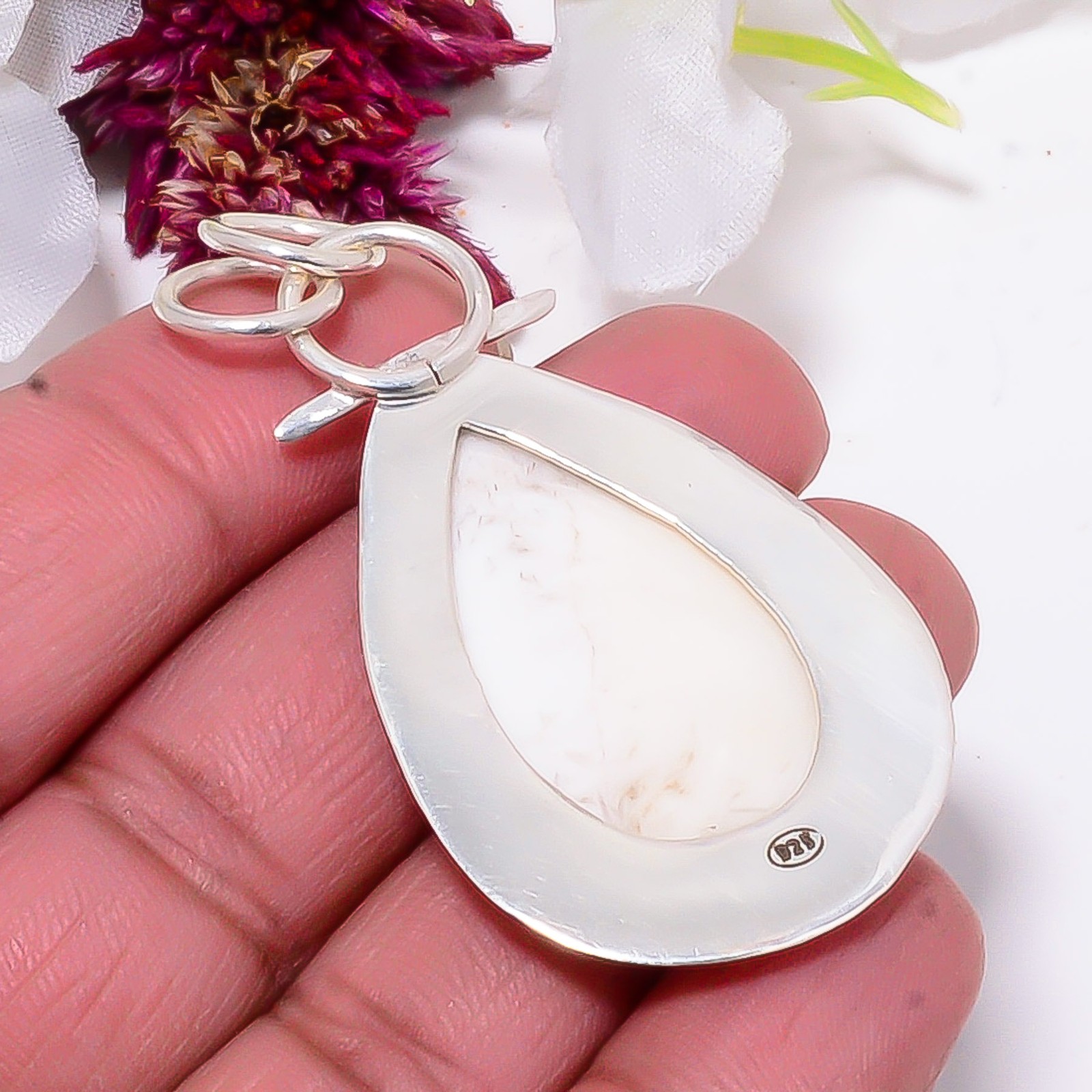 White Scolecite – India 925 Sterling Silver Two Tone Designer Pendant 2.26″ Su32