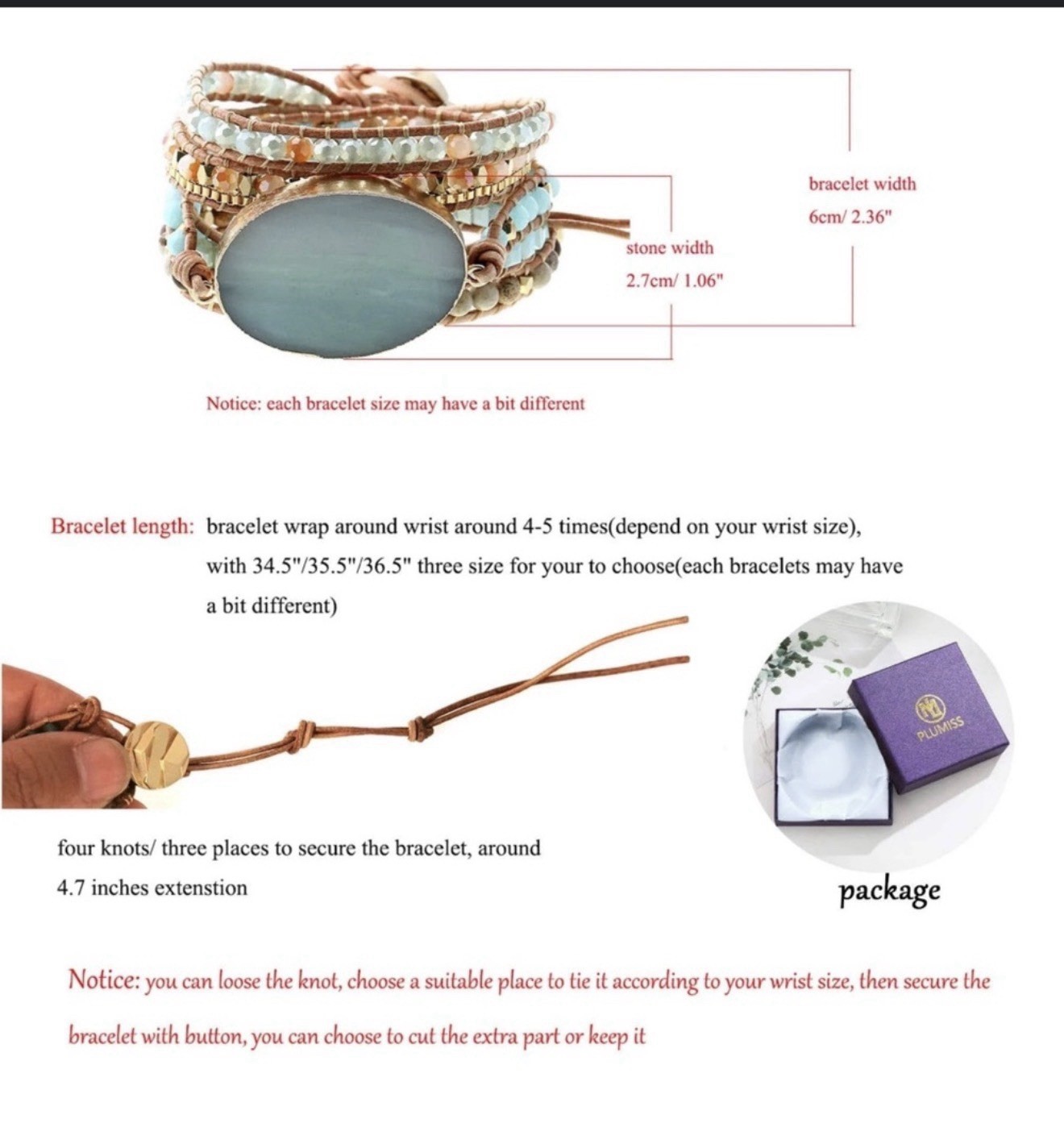 Plumiss Amazonite Natural Gemstone Crystal Leather Beaded Boho Wrap Bracelet