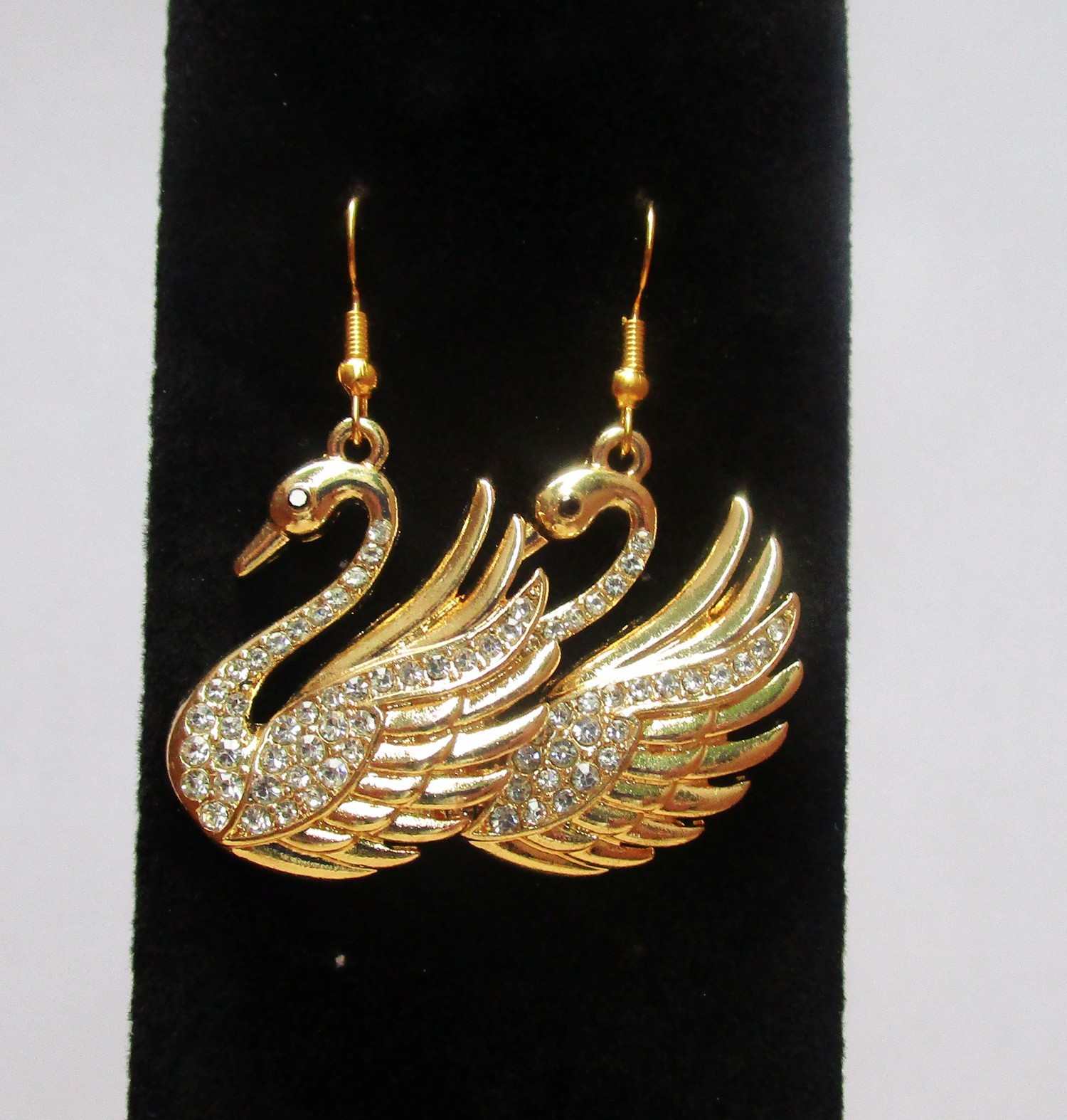 Gold swan with rhinestones women’s dangle earrings