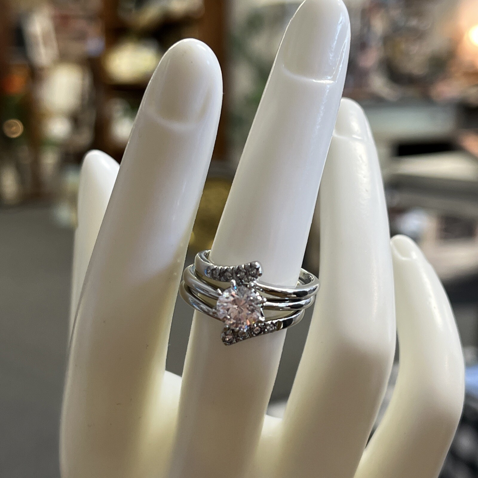 AVON Solitaire Trio Ring with Jacket Set Silvertone Fashion Womens Size 7 NEW