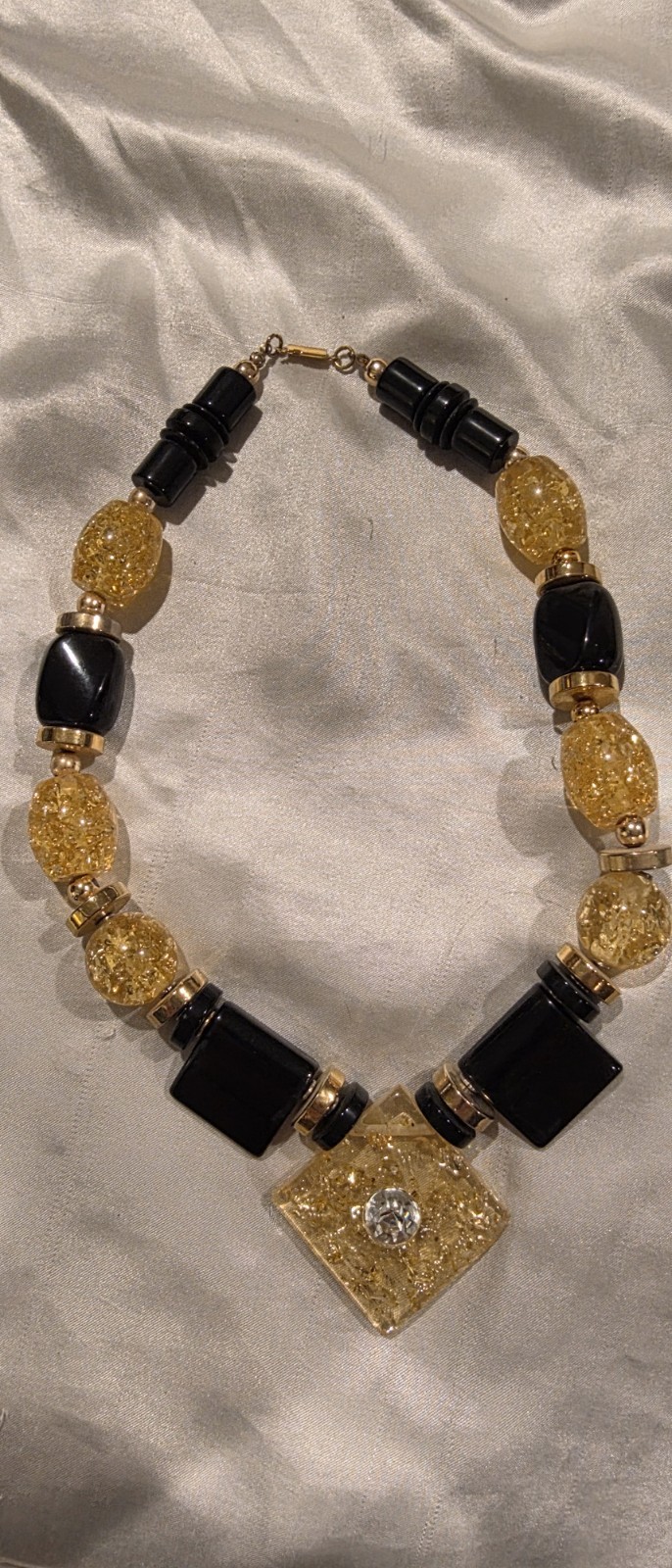 Vintage Lucite Crackle Beads Statement Necklace Square Pendant Rhinestone