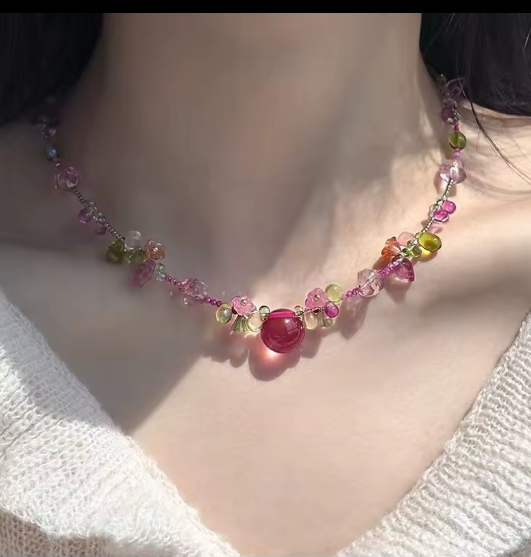 Pink Green Glass Beaded Necklace Round Pink Glass Charm Pendant