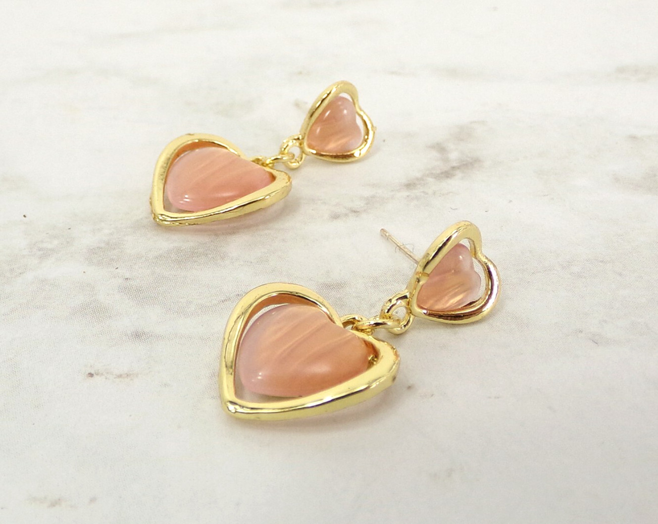 Pink heart earrings with double hearts and pink cat eye stones gold setting NEW