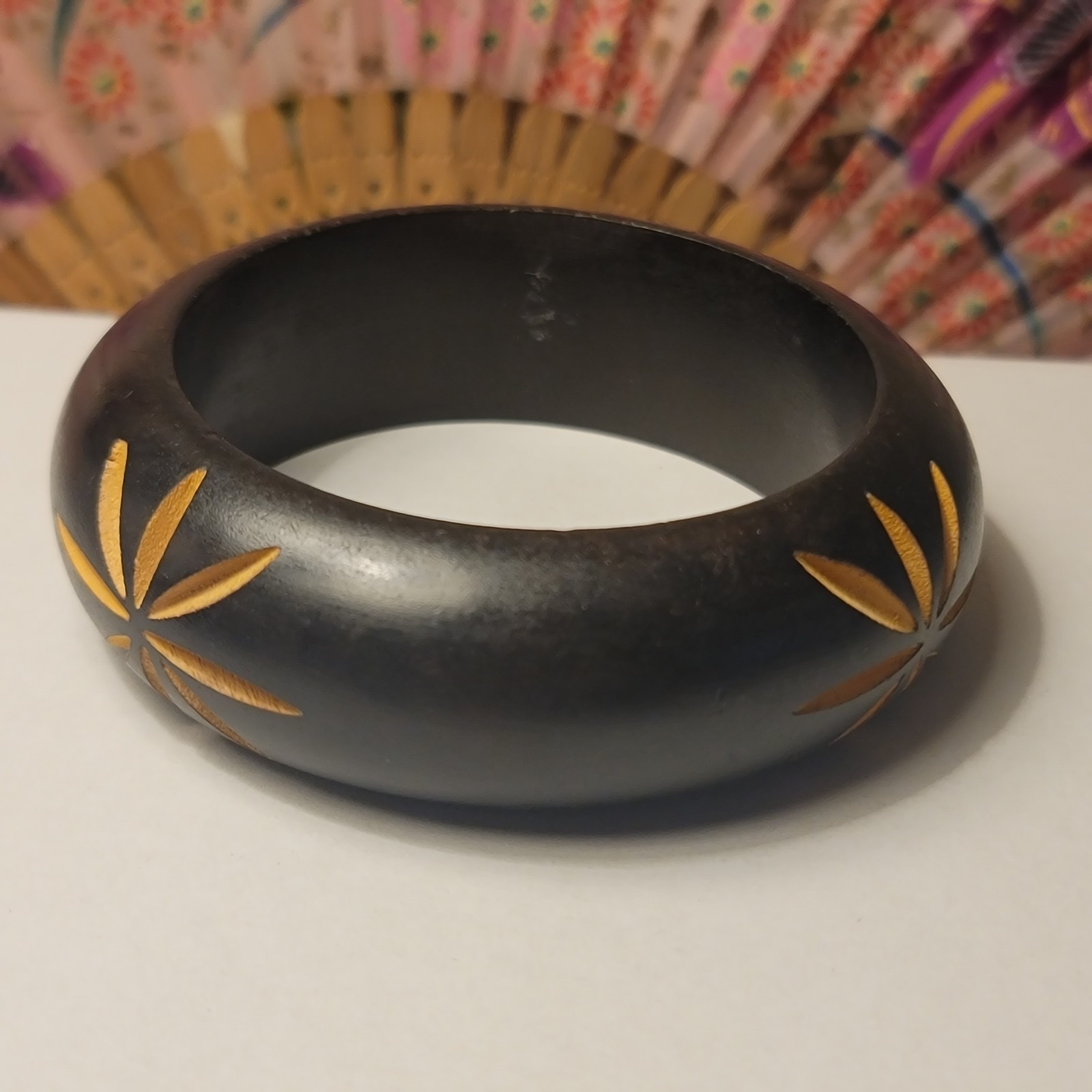 Bangle Bracelet Carved Etched Wood Dark Brown Size 8″ Inside