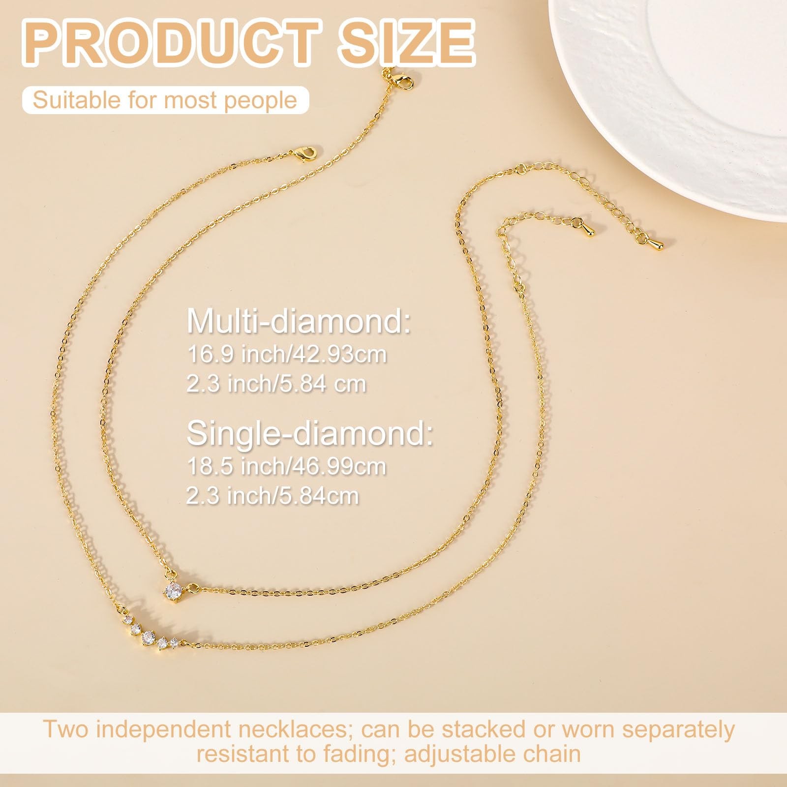 Mikovivi Stackable Zircon Necklace for Women, Adjustable, Gold, 2pcs