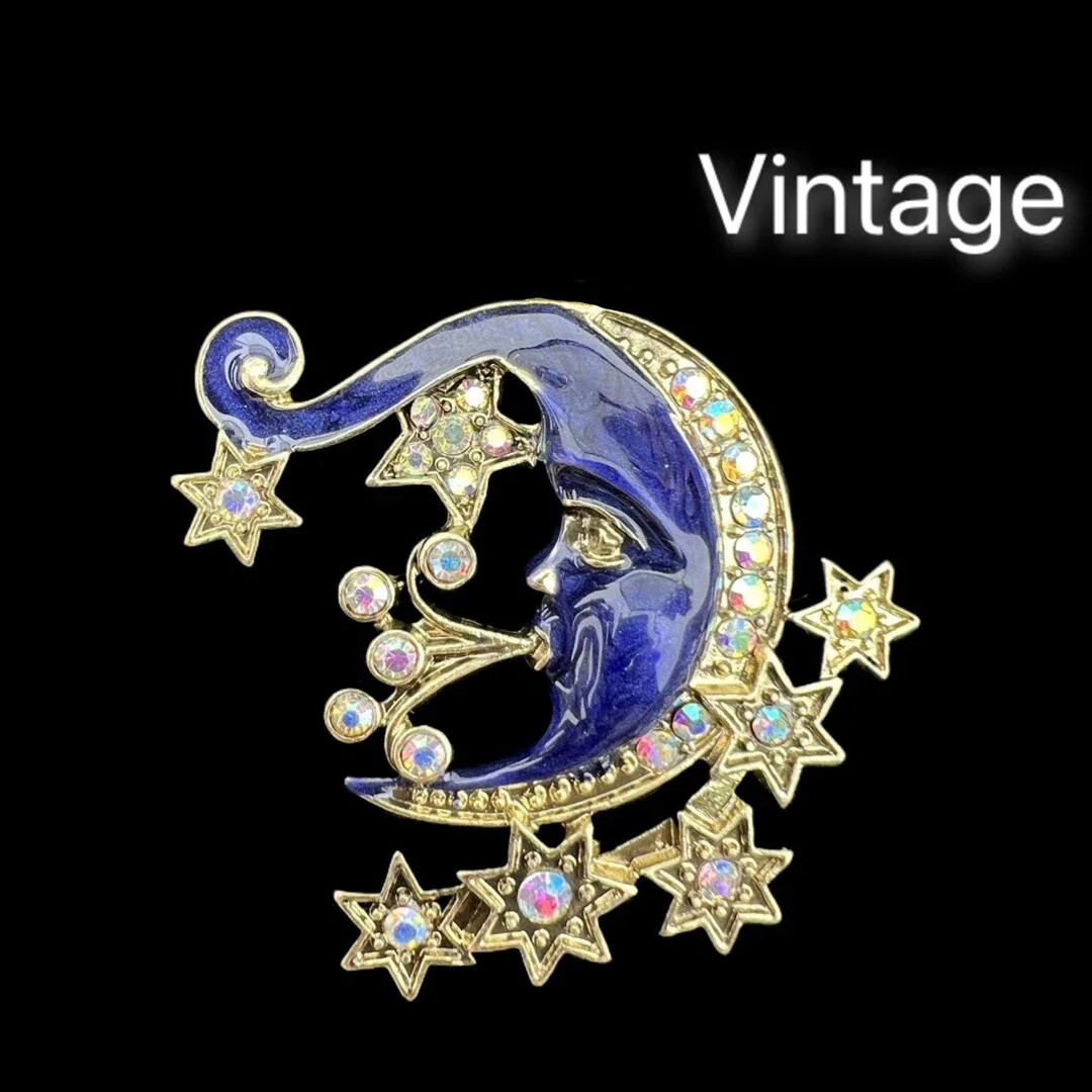 Vintage Dreamy Cute Blue Enamel Star Moon Brooch Luxury Jewelry Unisex Badges