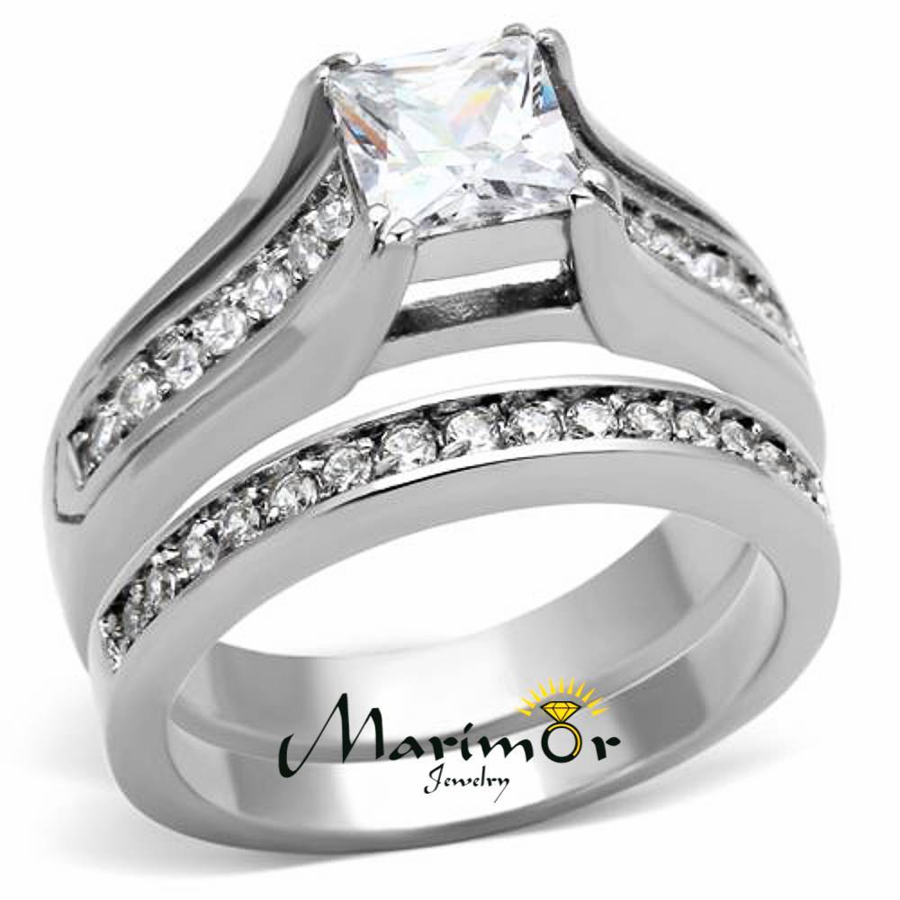 Princess Cut Zirconia Stainless Steel 316 Wedding Ring Band Set Women’s Sz 5-11