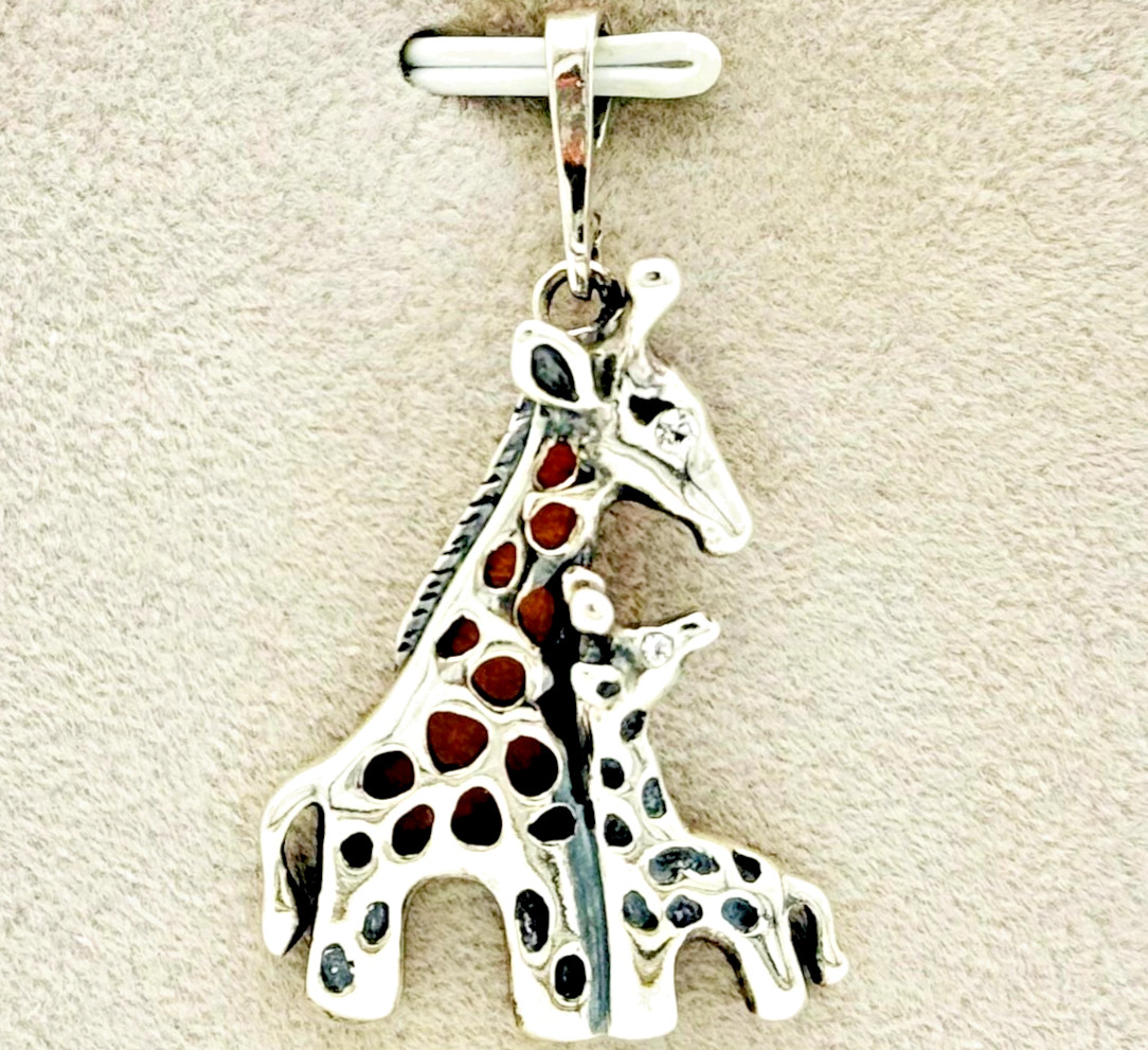Gdansk Baltic amber and Sterling Silver Mother and Baby Giraffe Pendant