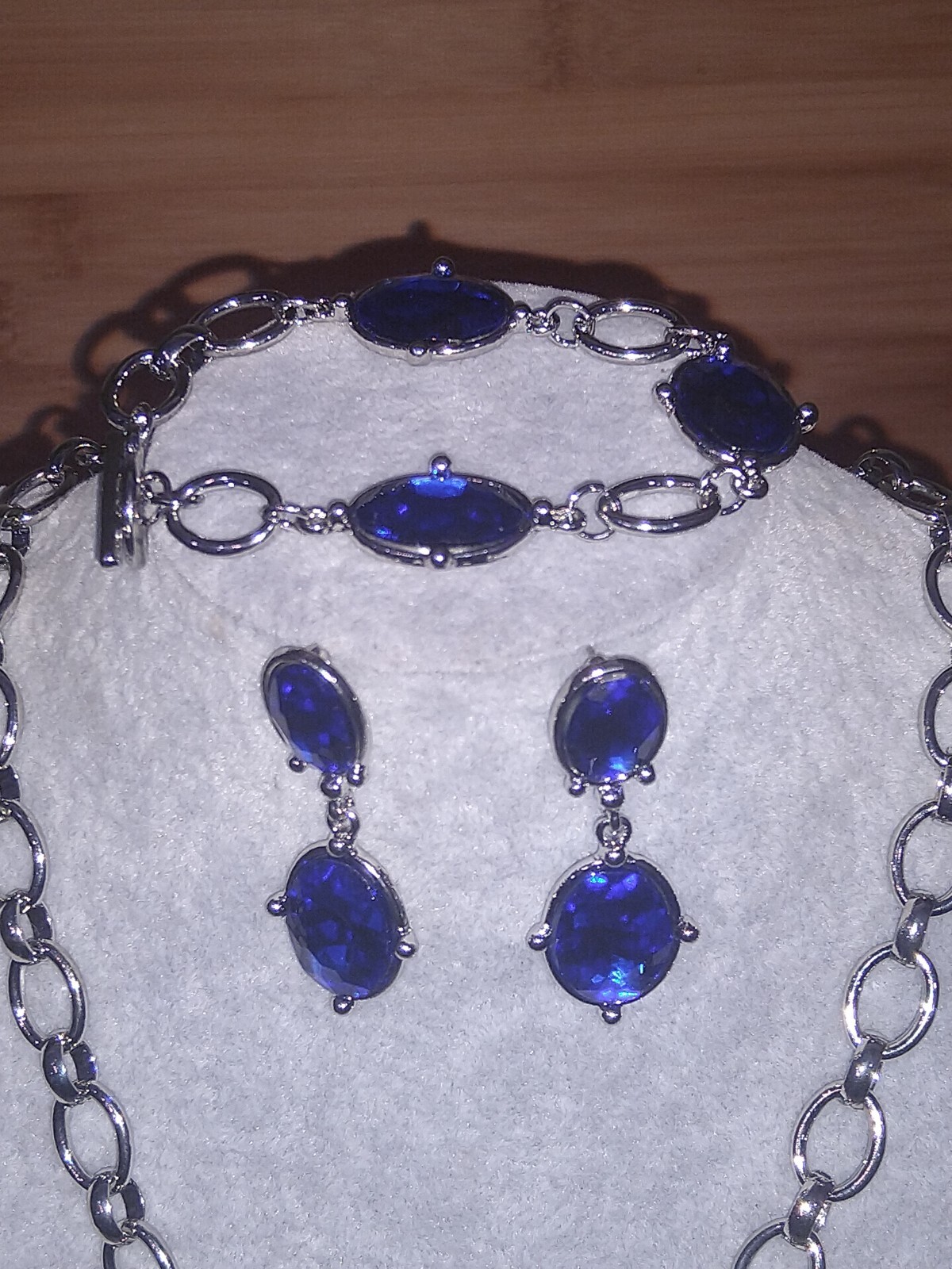 Set of 3 Sim. Blue SapphireLinkedChainNcklce,20.5 ,Brclet,Earrings,Silvrtone