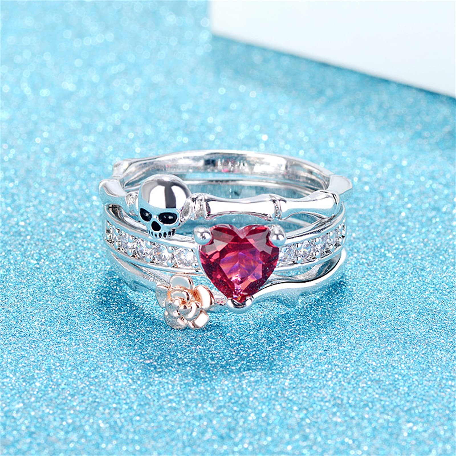 3-in-1 Women Gothic Punk Skull Cube Zirconia Ring Stainless Steel Stackable Ring