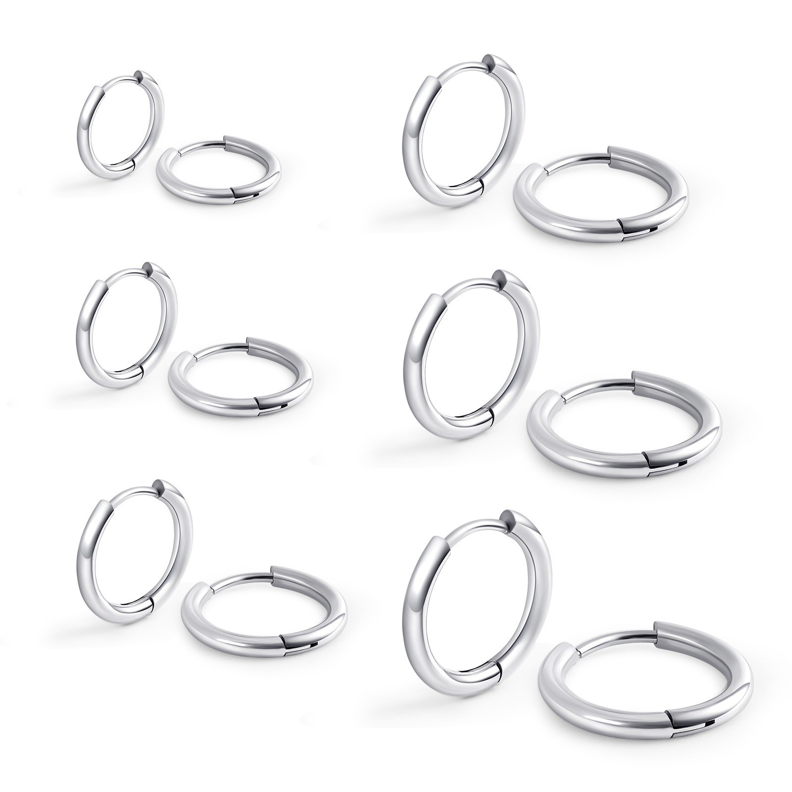 6 Pairs Silver Stainless Steel Huggie Hoop Earrings Hypoallergenic Lightweight S