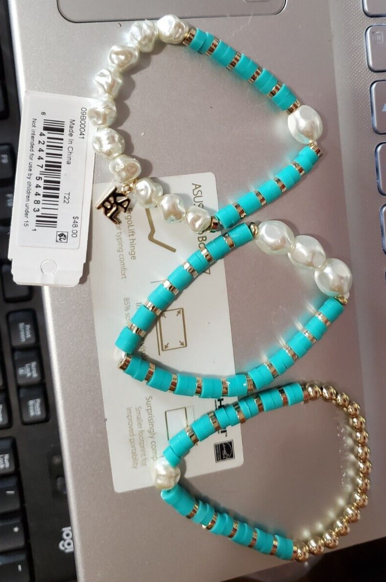 Karl Lagerfeld Imitation Pearl Blue Beaded Charm Stretch Bracelets 3-Pc Set J0