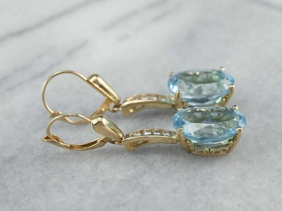 4Ct Oval Cut Simulated Aquamarine Drop & Dangle Earrings 14K Yellow Gold Plated