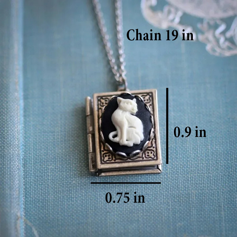 Cat Book Locket Necklace Jewelry Gothic Silvery Kitten Animal Pendant