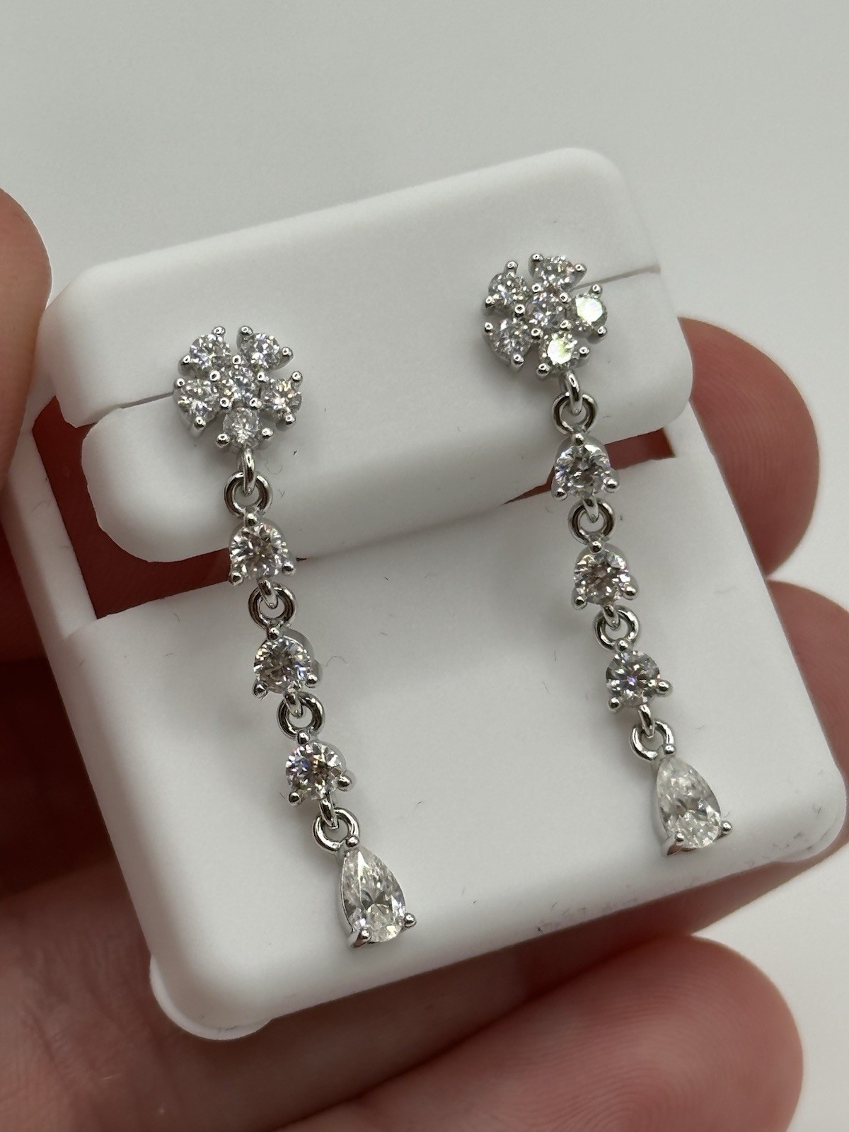 Dangle Drop Earrings 1ctw Moissanite Solid 925 Silver Flower Cluster Pear Cut
