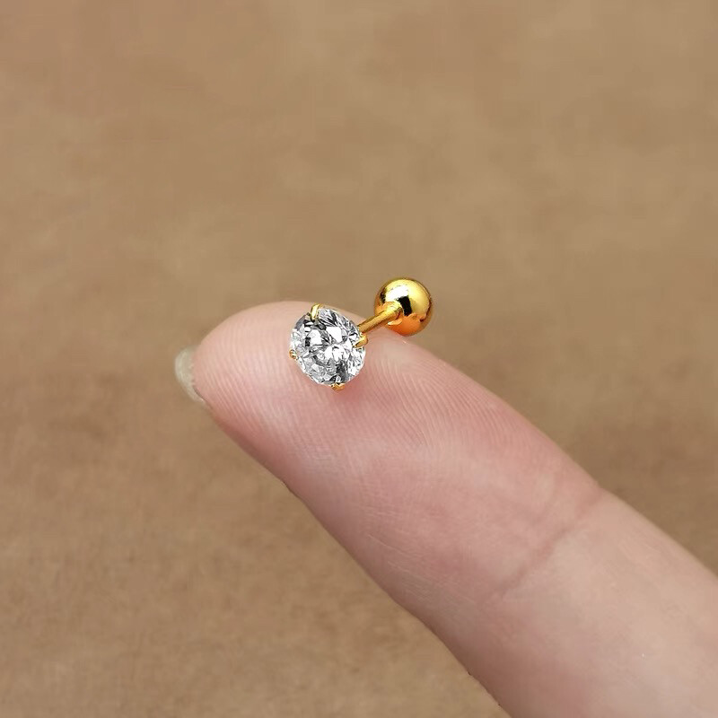 Gold Round CZ Crystal Stud Earrings Screw Back Surgical Steel Ear Stud 2-6mm 2PC