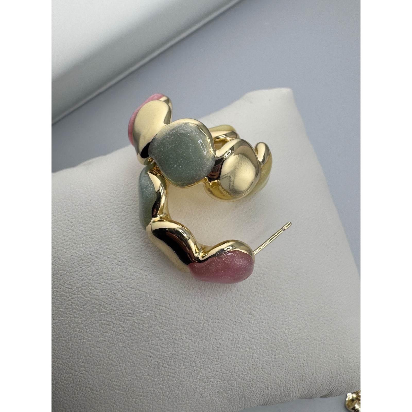 New 14K Gold Plated Pink Green Resin Wavy Organic Hoop Earrings Statement