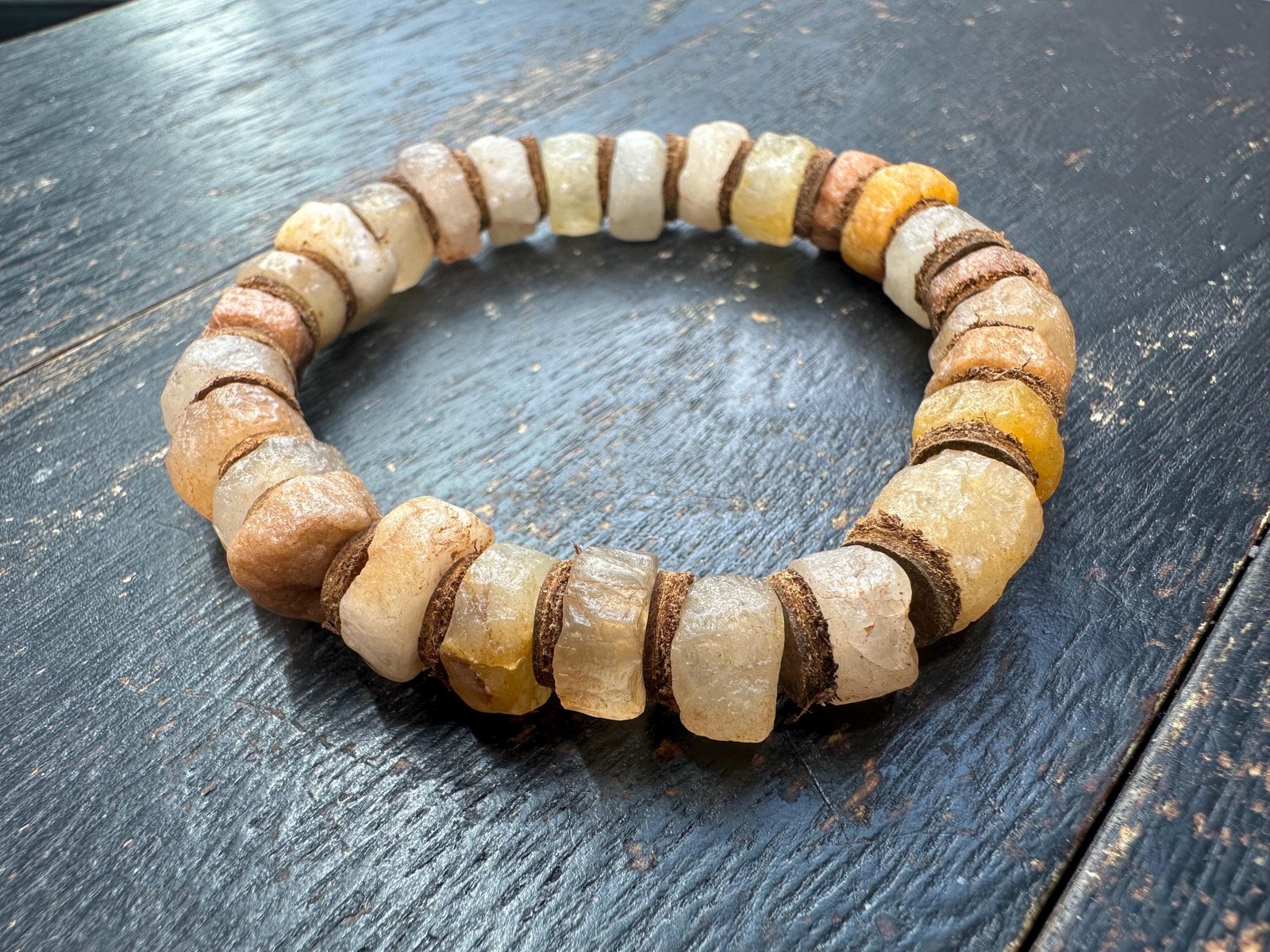 Ancient Mali Quartz Disk Bead Bracelet – African Trade Beads with Leather Space