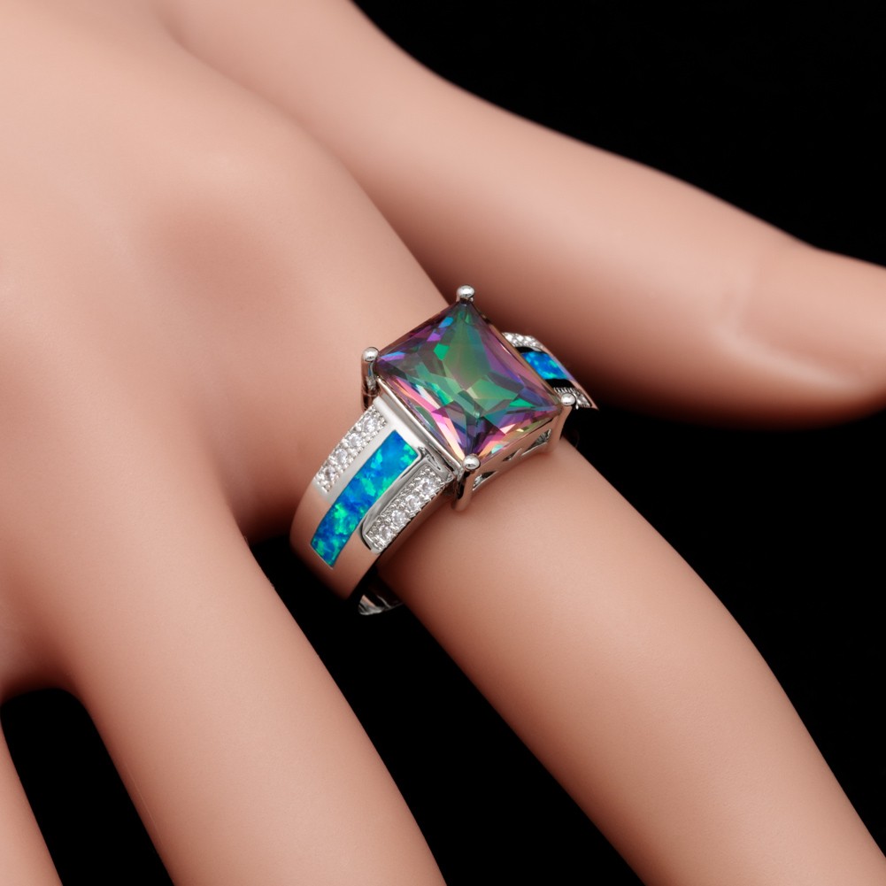 8×10 Rectangle Mystic Topaz Blue Fire Opal Silver Jewelry Women Ring SZ 7 8 9