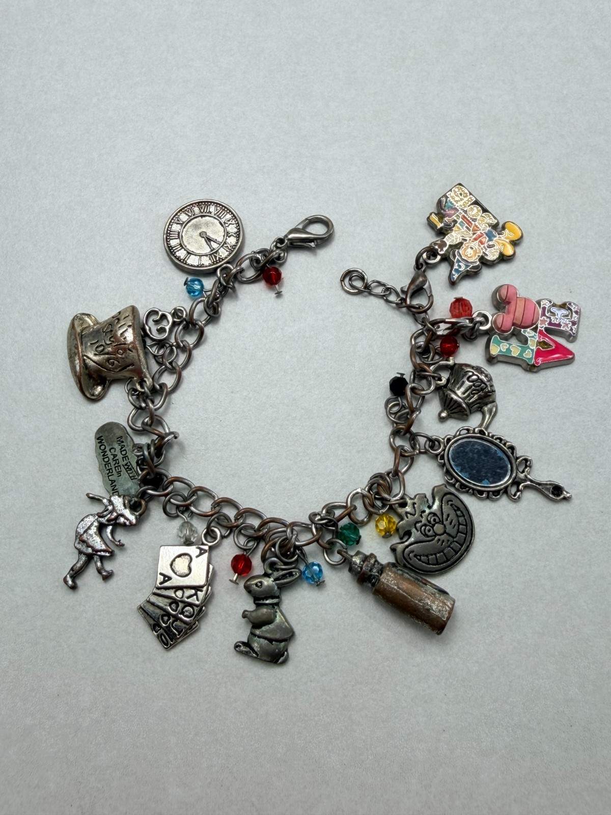 Alice in Wonderland Charm Bracelet Silver Tone Fairy Tale Jewelry 8.1/4″