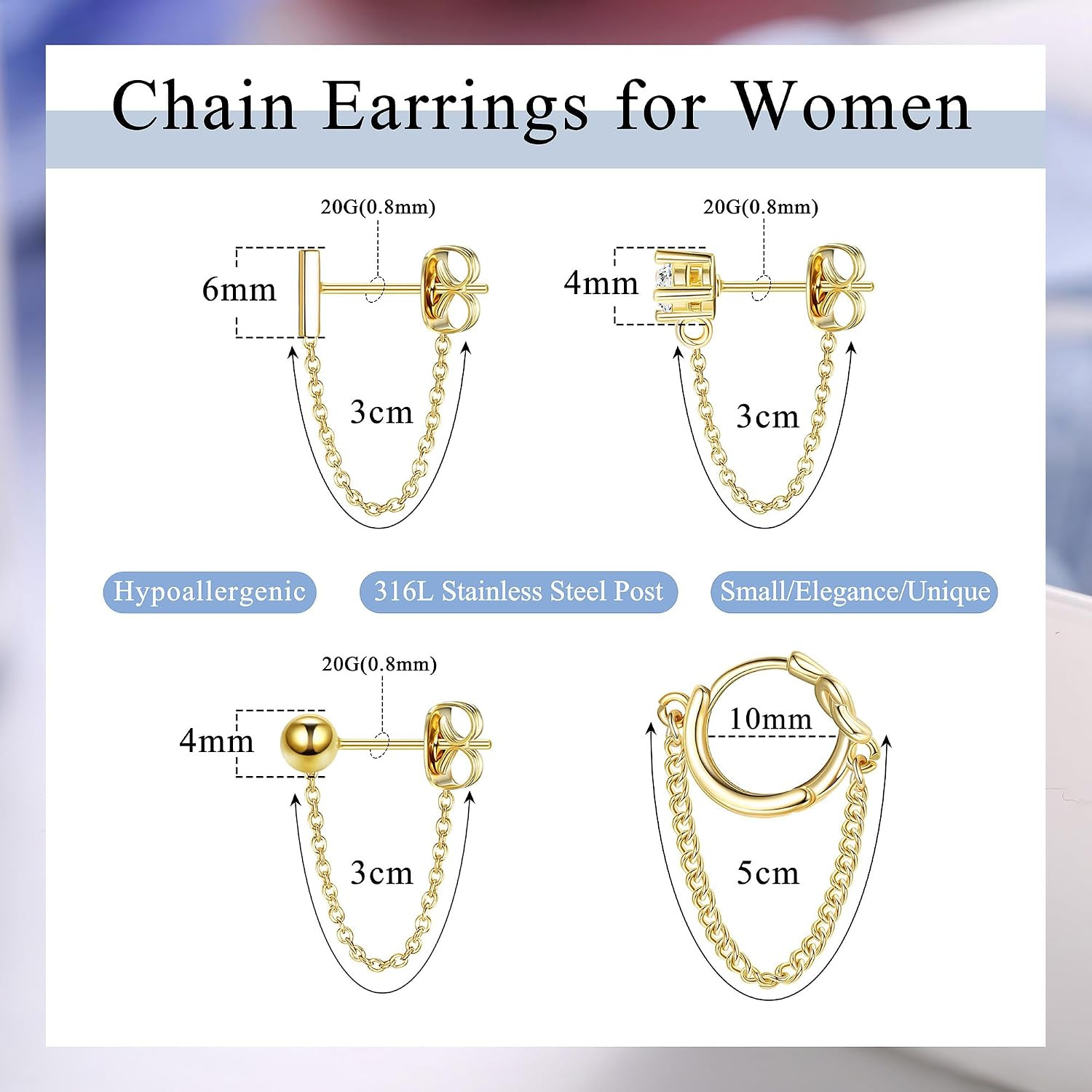 4 Pairs Chain Earrings for Women 14K Gold Earring Stacks Hypoallergenic Cute Cha