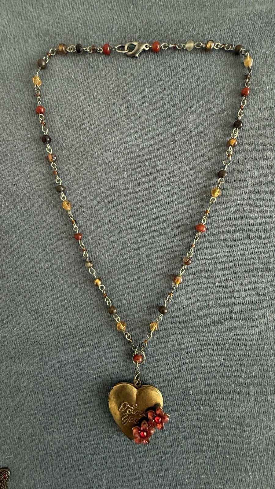 Gold Tone Heart Locket Pendant Necklace Love Red Flower Cable Chain Lobster