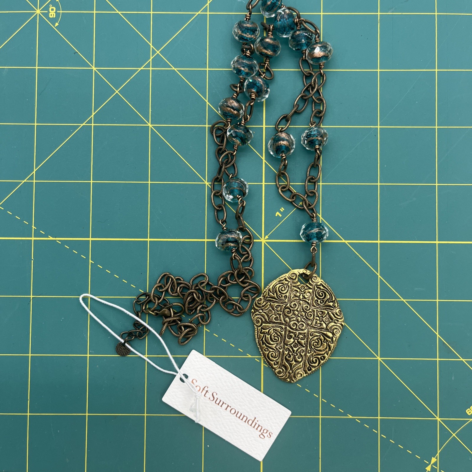 Soft Surroundings Aqua Lampwork Glass Necklace Bronze Tone 32″ – 35” New