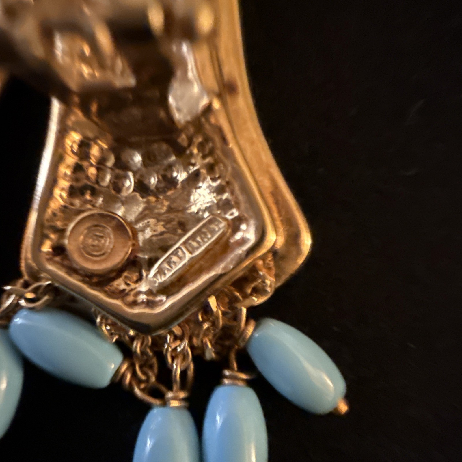 14K Italy Signed Designer Earrings Gold ,Oval , Cabochon Chandelier Dangle