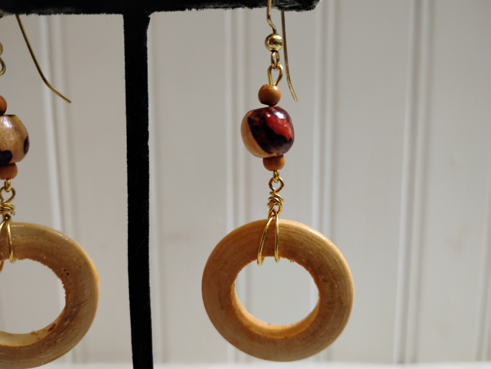 Vintage Goldtone Metal Wood Hoop Drop Dangle Wire Pierced Earrings