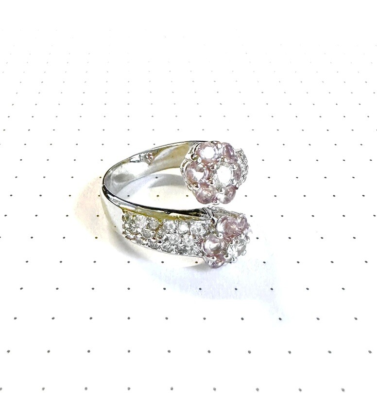 (SIZE 6,7,8,9) Open-Ended Pink CZs Double FLOWERS RING .925 STERLING SILVER