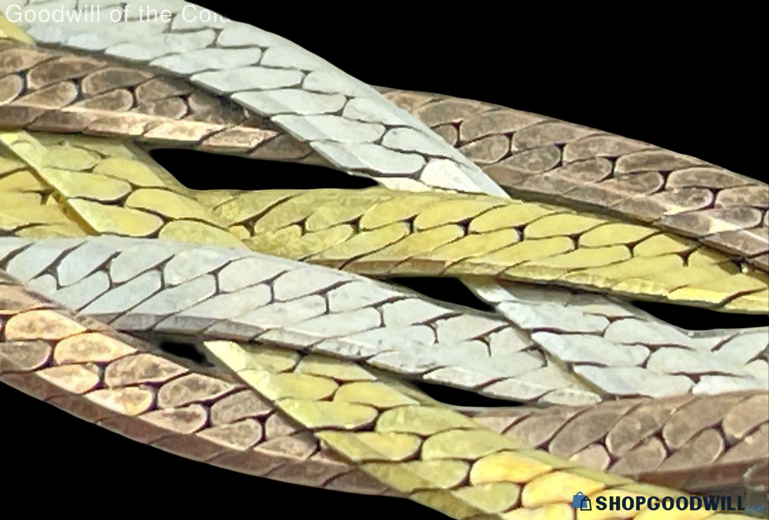 925 Sterling Silver TRI color GOLD Plate Braided Herringbone Necklace 16.8 g 16″