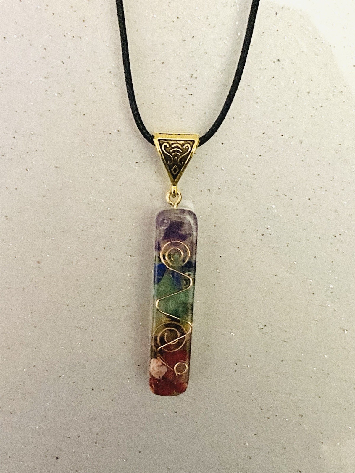 7 Charka Natural Stone/Copper Coil in Resin Amulet Brass Bail 16” Rope Chain