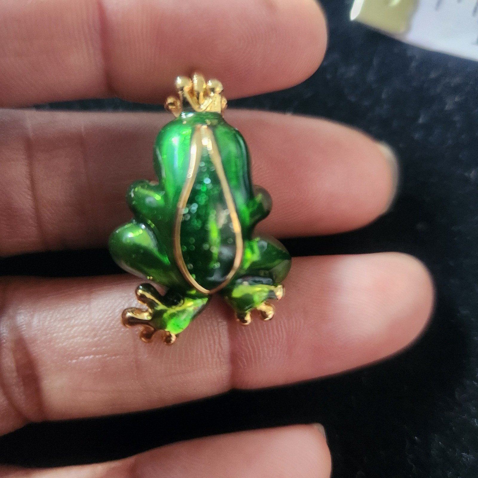 Green Enamel Frog Prince Pendant Gold Tone Iridescent Orb Charm Fairytale