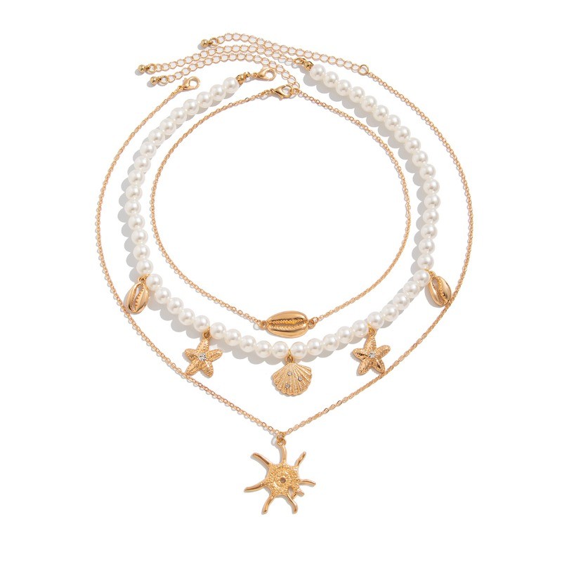 Women’s Bohemian Pearl Bead Necklace, Starfish Shell Pendant Layered Necklace