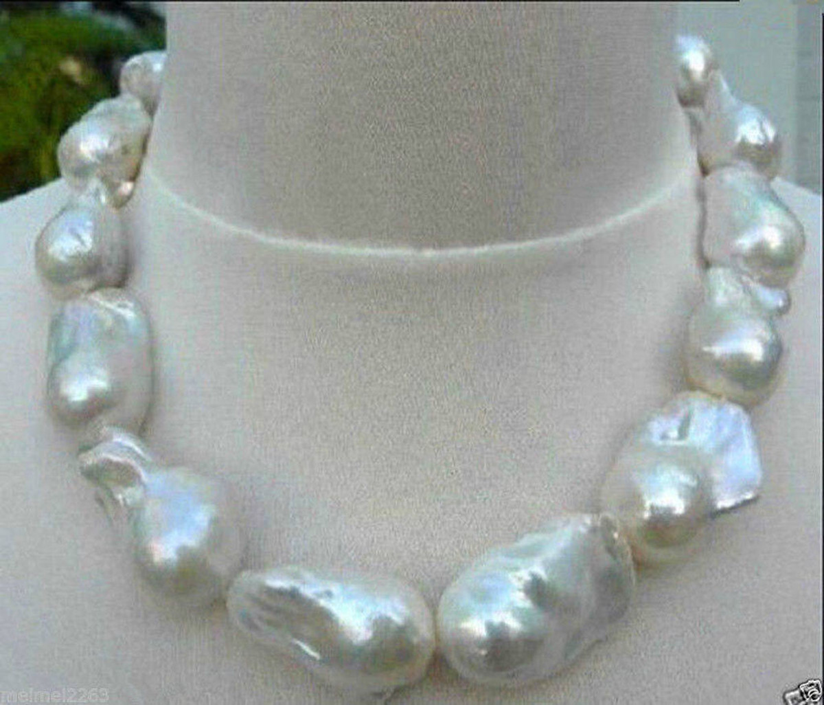 Rare 15-25MM SOUTH SEA NATURAL WHITE BAROQUE PEARL NECKLACE 18″ AAA+