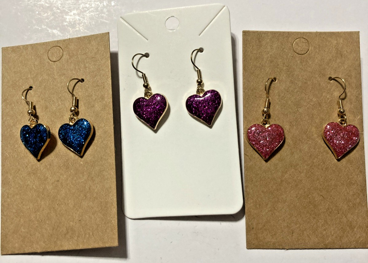 Buyer’s Choice Goldtone Sparkly Hearts Blue Purple Pink Earrings Dangle Pierced