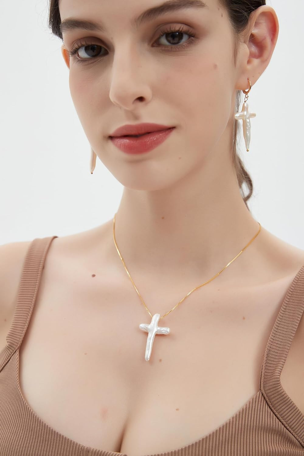 White Pearl Cross Necklace Gold Plated 316L Stainless Steel Box Chain Necklace F