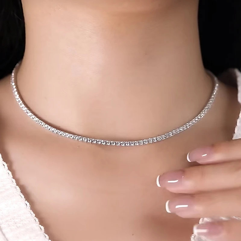 Sterling Silver Choker Necklace 925 Simulated Zirconia Short Chain Women Jewelry